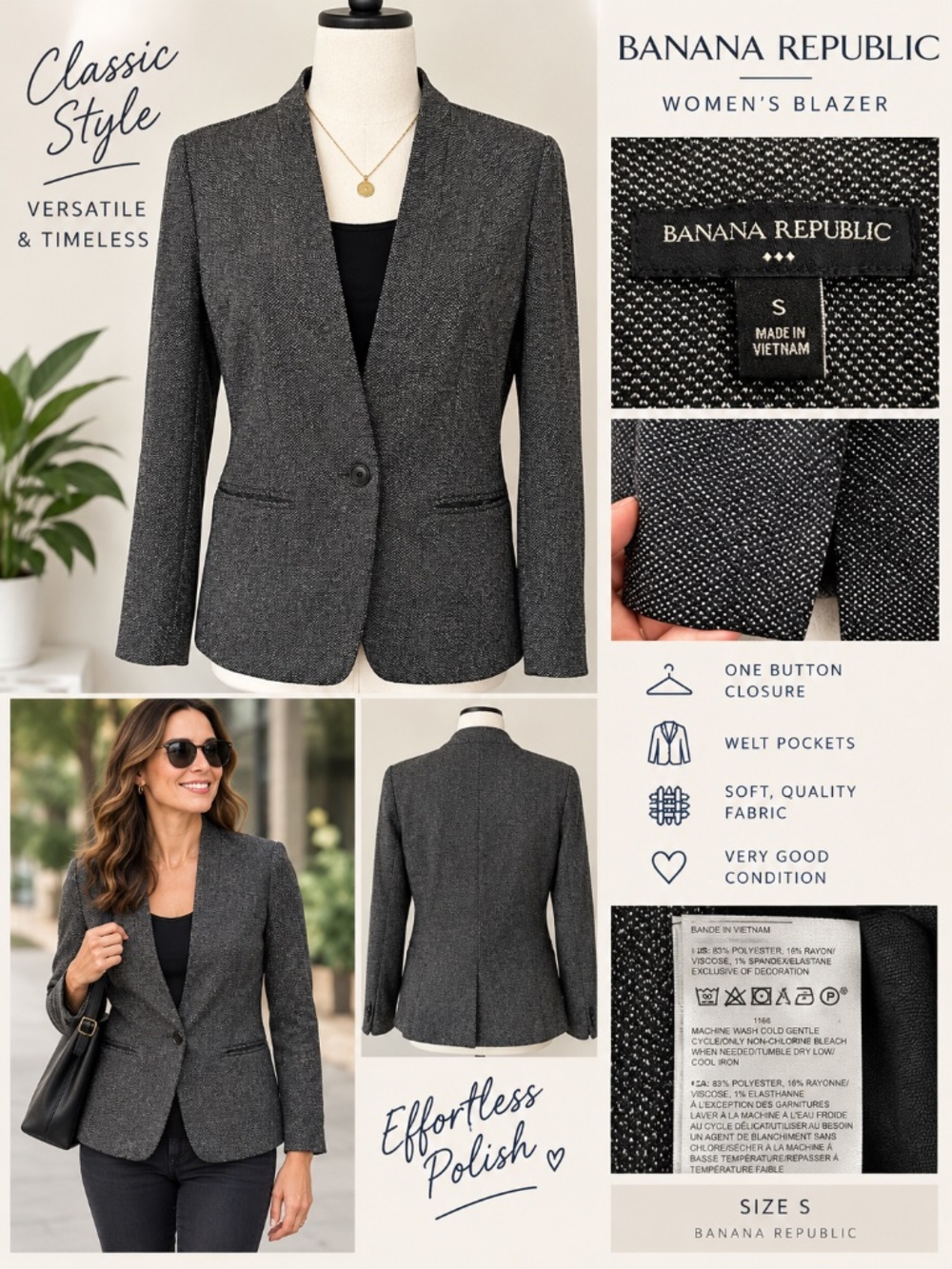 Banana Republic Textured Blazer Jacket Charcoal Gray Black Size S